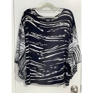 Chico's Travelers Blouse Large Black White Liquid Knit Sheer Sleeves Artsy Twee